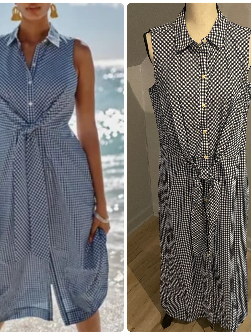 J. Jill Sleeveless Midi Shirtdress Size Medium Tall Tie Waist Blue White Check